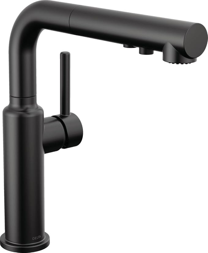 Delta Daneri Matte Black Kitchen Faucet with Pull-Out Sprayer, Modern Single Hole Kitchen Sink, Single Handle, Matte Black 16879-BL-DST