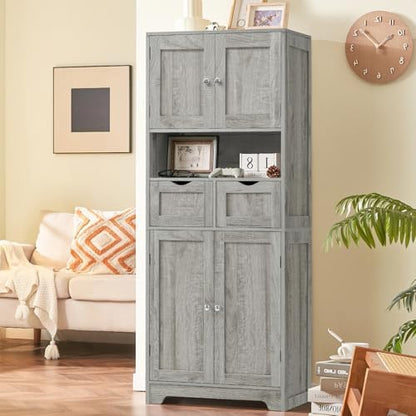 TEENFON Tall Bathroom Storage Cabinet with 4 Doors & 2 Adjustable Shelves