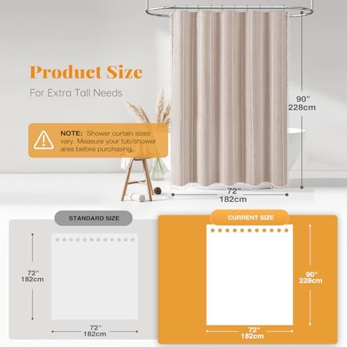 BTTN 72 x 90 Boho Linen Heavy Duty Cloth Shower Curtain Set, Tan/Taupe