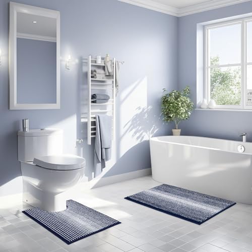 BSICPRO Bathroom Rugs Sets 2 Piece, 32"x20" + U-Shaped 24"x20", Navy Blue