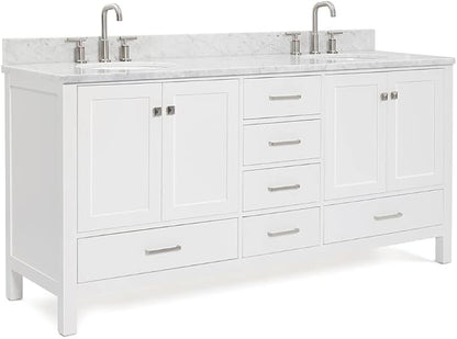 ARIEL Cambridge 72-inch Bathroom Vanity with Sink,Solid Wood, 0.75-inch Italian Carrara Marble Countertop & Backsplash, Double Oval Porcelain Sink, 4 Soft Closing Doors, 6 Dovetail Drawers, White