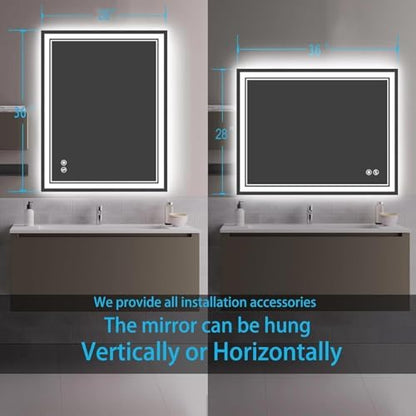 28 x 36'' Bathroom Mirror with Lights, Dimmable 3 Colors, Fogless