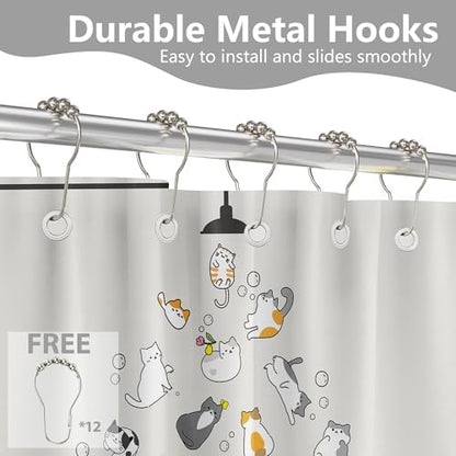 Cute Cat Shower Curtain Kids Animal Cartoon Bathroom Decor, Waterproof Cloth Fabric with Hooks 70" W x 84" L