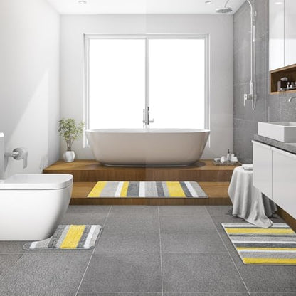MIULEE Yellow Grey Bathroom Rug 16 * 48 Inch, Soft Thick Microfiber Striped Bath Mat, Non Slip Fluffy Plush Machine Washable Quick Dry for Bathroom Decor, Floor Tub and Shower