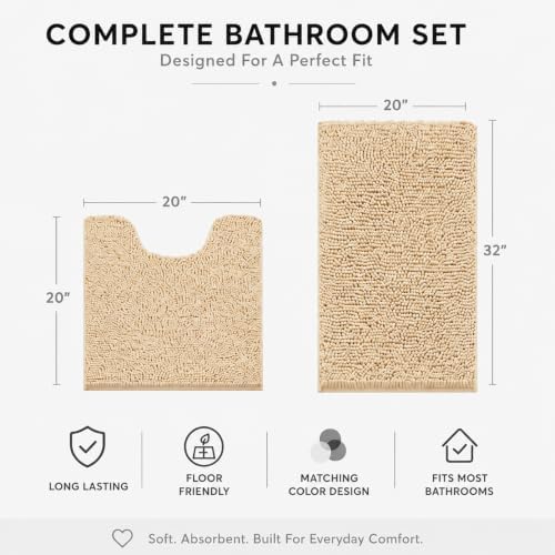 Bathroom Rugs Sets 2 Piece,Super Absorbent Soft,Thick,Machine Washable Chenille Bath Mat,Non Slip Toilet Floor Rug,Bath Mats for Bathroom,20x32 Plus 20x20 U Shape,Beige