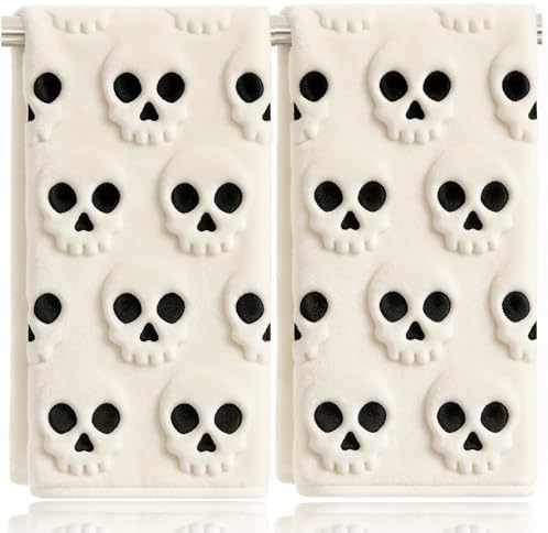 2 Pack Halloween Hand Towels 100% Cotton Jacquard Skeleton Halloween Kitchen Towels White Bathroom Towels Set Seasonal Bathroom Decor(Beige Skeleton, Halloween)
