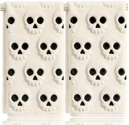 2 Pack Halloween Hand Towels 100% Cotton Jacquard Skeleton Halloween Kitchen Towels White Bathroom Towels Set Seasonal Bathroom Decor(Beige Skeleton, Halloween)