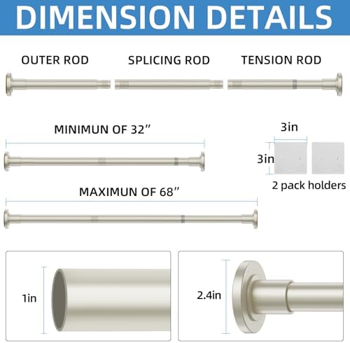 CorkLatta Nickel Adjustable Shower Curtain Rod 32 to 68 inch with 2 Holders