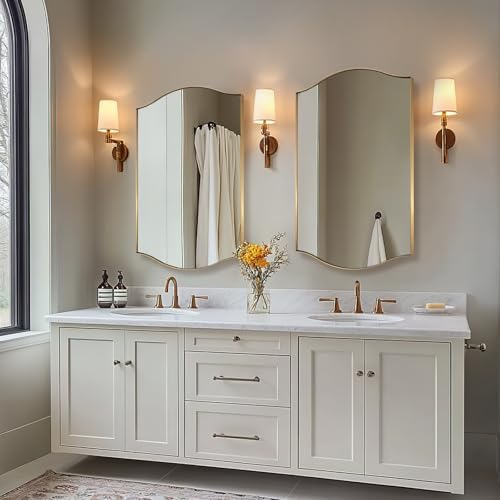 ANDY STAR 26"x38" Scalloped Mirror for Bathroom，Brushed Gold Rectangle Wall Mirror with Curved Edge Stainless Steel Metal Frame, Wall-Mounted Mirror for Bathroom, Entryway, Living Room