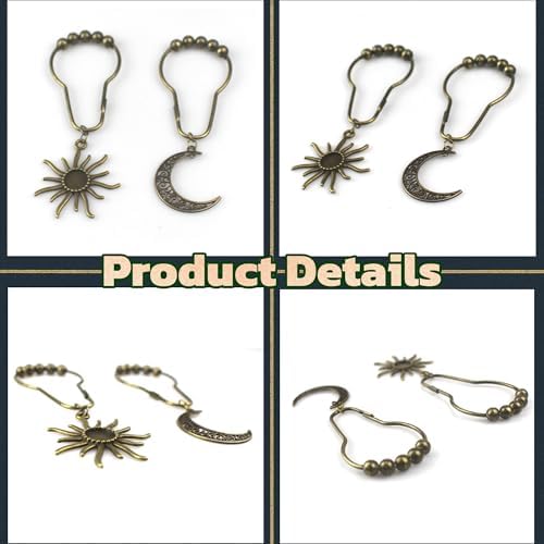 Celestial Shower Curtain Hooks 12 Pack of Sun and Moon Decor Theme Comes with a Bronze Shower Curtain Hooks for Celestial Boho Goth Witchy Shower Curtain (12)