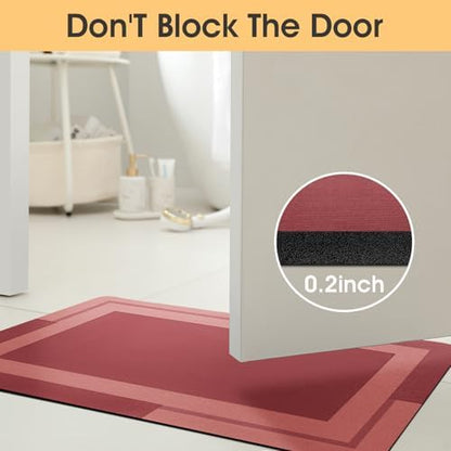 ACCUMTEK Non Slip Bath Mat, Thin Bathroom Rugs Fit Under Door, Quick Dry Bath Mats, Machine Washable Bath Rugs for Bathroom, Bathtub & Kitchen, Red/Bordered/24 x17