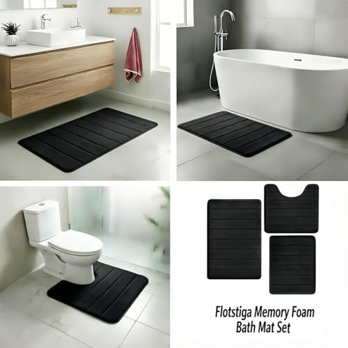Memory Foam Bath Mat Set 3 Piece，Super Soft Absorbent Bathroom Rug Non Slip, Quick Dry,Machine Wash, Perfect Plush Bathroom Rugs,Home Decor Accessories,Black