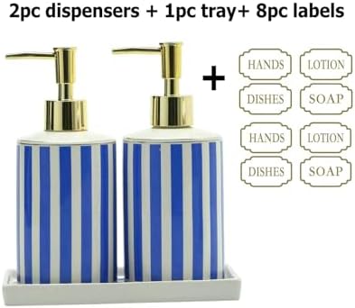 Coastal Blue & White Ceramic Soap Dispenser Set with Gold Pump – 3-Piece Bathroom & Kitchen Accessories with Tray, Refillable Lotion & Dish Soap Pump Bottles for Beach House & Nautical Décor