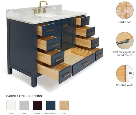 ARIEL Cambridge 48-inch Bathroom Vanity with Sink,Solid Wood, 0.75-inch Italian Carrara Marble Countertop, Single Rectangular Porcelain Sink, 2 Soft Closing Doors, 9 Dovetail Drawers, Midnight Blue