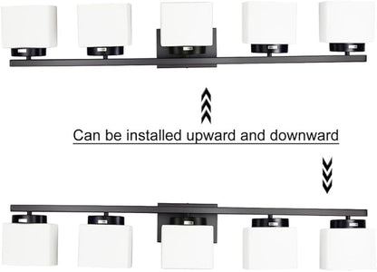5-Light Matte Black Vanity Light Fixture with White Glass Shade for Bathroom Over Mirror, 40 Inches