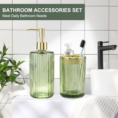Green Glass Bathroom Accessories Set, Soap Dispenser and Toothbrush Holder
