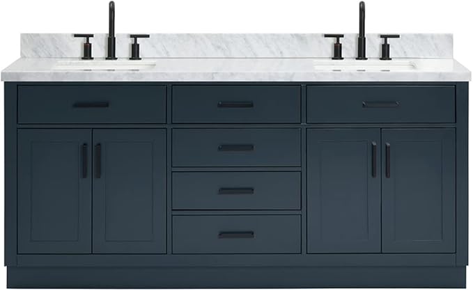 ARIEL Hepburn 72-inch Bathroom Vanity with Sink,Solid Wood, 1.5-inch Italian Carrara Marble Countertop, Double Rectangular Porcelain Sink, 4 Soft Closing Doors, 6 Dovetail Drawers, Midnight Blue