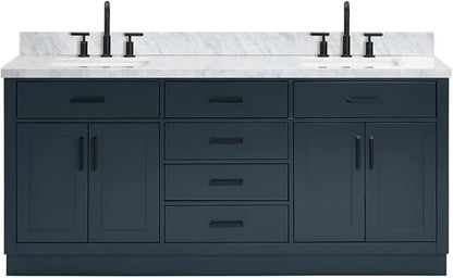 ARIEL Hepburn 72-inch Bathroom Vanity with Sink,Solid Wood, 1.5-inch Italian Carrara Marble Countertop, Double Rectangular Porcelain Sink, 4 Soft Closing Doors, 6 Dovetail Drawers, Midnight Blue
