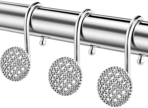 Pearlbee Chrome Shower Curtain Hooks, Round Beaded Design 12Pcs Zinc Alloy