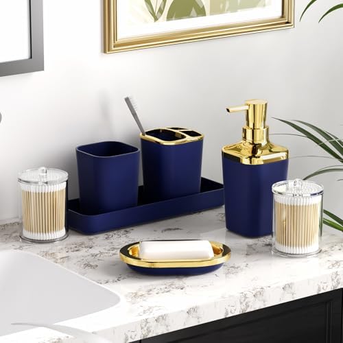 XLHOMO Bathroom Accessories Set - Luxury Blue Bathroom Set, 9 Pieces Bathroom Accessory Set, Navy Blue Bathroom Accessories with Trash Can, Toilet Brush & Soap Dispenser