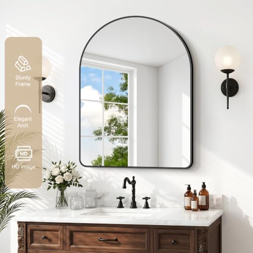 GLASHOM Arched Bathroom Vanity Mirror, 24"x30" Black Frame Wall Mirror