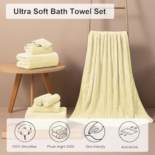4 Pcs Light Yellow Cabana Stripe Large Bath Towels 35"x70" Oversized Bath Sheet Soft Breathable Jumbo Bathroom Towels Highly Absorbent Shower Towel Quick Dry Beach Chair Towel Spa Gym Hotel Towel Set