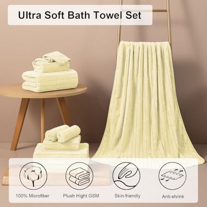 4 Pcs Light Yellow Cabana Stripe Large Bath Towels 35"x70" Oversized Bath Sheet Soft Breathable Jumbo Bathroom Towels Highly Absorbent Shower Towel Quick Dry Beach Chair Towel Spa Gym Hotel Towel Set