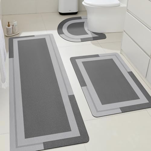 ACCUMTEK Non Slip Bath Mat, Thin Bathroom Rugs Fit Under Door, Quick Dry Bath Mats, Machine Washable Bath Rugs for Bathroom, Bathtub & Kitchen, Bathtub & Kitchen, Grey/Bordered/3 Piece