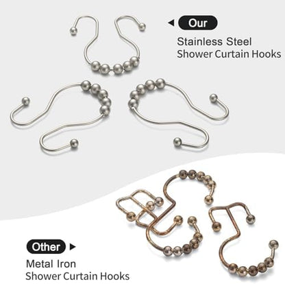 Goowin Shower Curtain Hooks, 12 Pcs Shower Curtain Rings, Stainless Steel Shower Curtain Hangers, Double Hook Shower Curtain Hooks, Smooth Sliding Anti-Drop Shower Rings for Curtain (Matte Nickel)