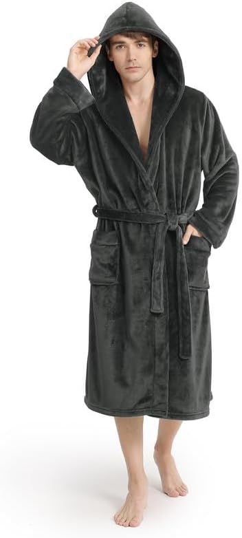 Yurhap Luxury Mens Robe with Hood, Ultra Cozy Fleece Bathrobe for Men, Plush Hooded Robe with Belt & 2 Pockets