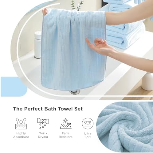 Hailea 18 Piece Family Bath Towel Set Include 6 Bath Towels,6 Hand Towels and 6 Washcloths Soft Bathroom Towel with Hanging Loops,Highly Absorbent Quick Dry Towels Set for Bathroom,Hotel and Spa-Blue