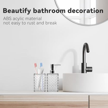 2 Piece Bathroom Accessory Set, Clear Soap Dispenser and Toothbrush Holder