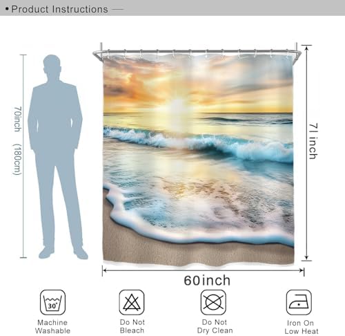Miyotaa Coastal Sea Beach Shower Curtain Set 60Wx71H Inches Ocean Wave Summer Scenery Hawaii Landscape Sunrise Seaside Sunset Waterproof Bathroom Curtain with 12 Hooks