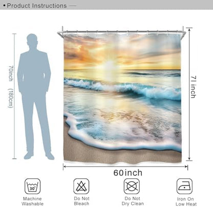 Miyotaa Coastal Sea Beach Shower Curtain Set 60Wx71H Inches Ocean Wave Summer Scenery Hawaii Landscape Sunrise Seaside Sunset Waterproof Bathroom Curtain with 12 Hooks