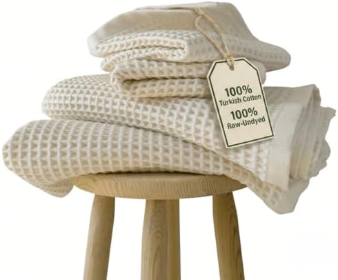 PÜSKÜL Raw-Undyed Natural 100% Turkish Cotton Waffle Towels Set of 4-Piece