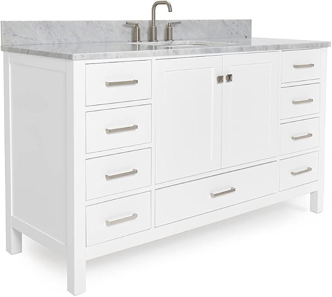 ARIEL Cambridge 60-inch Bathroom Vanity with Sink,Solid Wood, 0.75-inch Italian Carrara Marble Countertop, Single Rectangular Porcelain Sink, 2 Soft Closing Doors, 9 Dovetail Drawers, White
