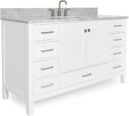 ARIEL Cambridge 60-inch Bathroom Vanity with Sink,Solid Wood, 0.75-inch Italian Carrara Marble Countertop, Single Rectangular Porcelain Sink, 2 Soft Closing Doors, 9 Dovetail Drawers, White