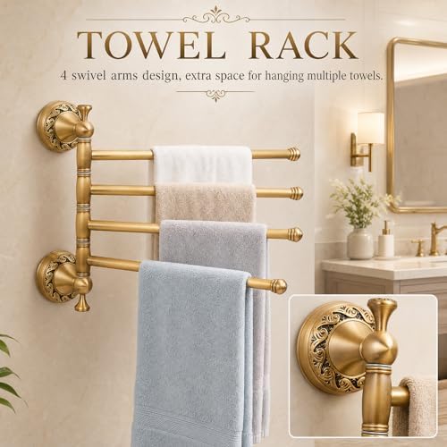 4 Pcs Antique Brass Bathroom Hardware Set, Bathroom Accessories Set, 11 Inch Wall Mounted Bath Towel Bar Toilet Paper Holder Hand Towel Holder Robe Hook for Shower Room Toilet(4-Layer)