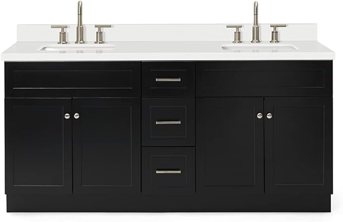 ARIEL Hamlet 72-inch Bathroom Vanity with Sink,Solid Wood, 1.5-inch Pure White Quartz Countertop & Backsplash, Double Rectangular Porcelain Sink, 4 Soft Closing Doors, 3 Dovetail Drawers, Black