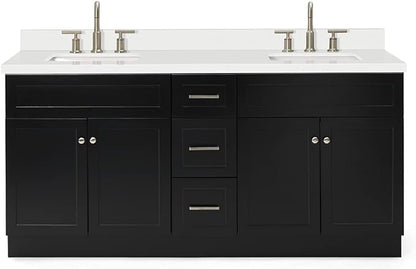 ARIEL Hamlet 72-inch Bathroom Vanity with Sink,Solid Wood, 1.5-inch Pure White Quartz Countertop & Backsplash, Double Rectangular Porcelain Sink, 4 Soft Closing Doors, 3 Dovetail Drawers, Black