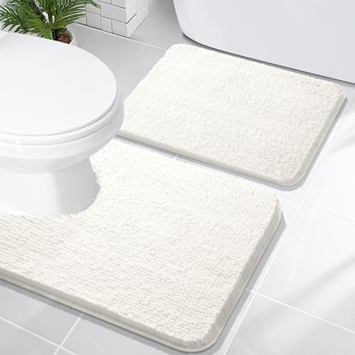 OLANLY Chenille Bathroom Rugs Mats Sets 2 Piece, 24"x16"+24"x20", Ivory