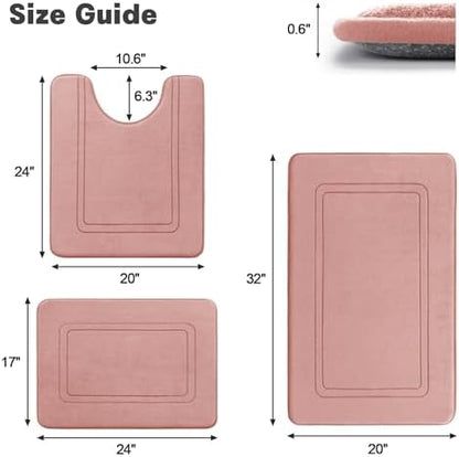 YIHOUSE Memory Foam Bath Mat Set, Bathroom Rugs Sets 3 Pieces, Non Slip Bath Mats for Bathroom, Super Soft and Water Absorbent Bath Rug Set, Machine Washable U Shape Toilet Rug,Pink