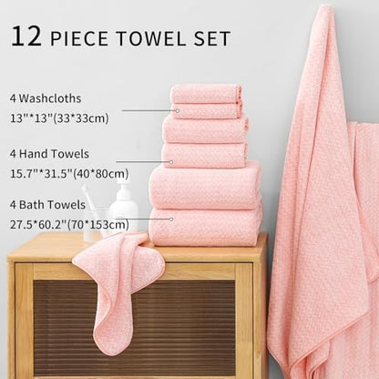 Ultra Soft Bath Towel Set,12 Piece (4 Bath Towels,4 Hand Towels,4 Washcloths) Family Bathroom Towel Set with Hanging Loops,Quick Dry Extra Absorbent Fluffy Shower Towel for Bathroom,Hotel,Spa-Pink