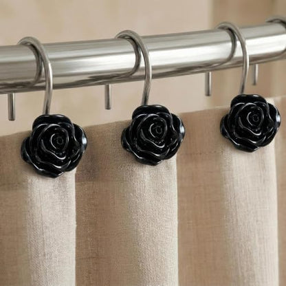 Black Rose Shower Curtain Hooks: Cute Flower Bathroom Curtain Rings, 12Pcs