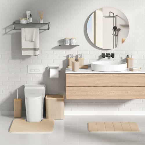 XLHOMO Bathroom Set- 25PC Beige Bathroom Set, Bathroom Set with Shower Curtain and Rugs, Beige Shower Curtain Set, Toilet Brush, Bathroom Trash Can