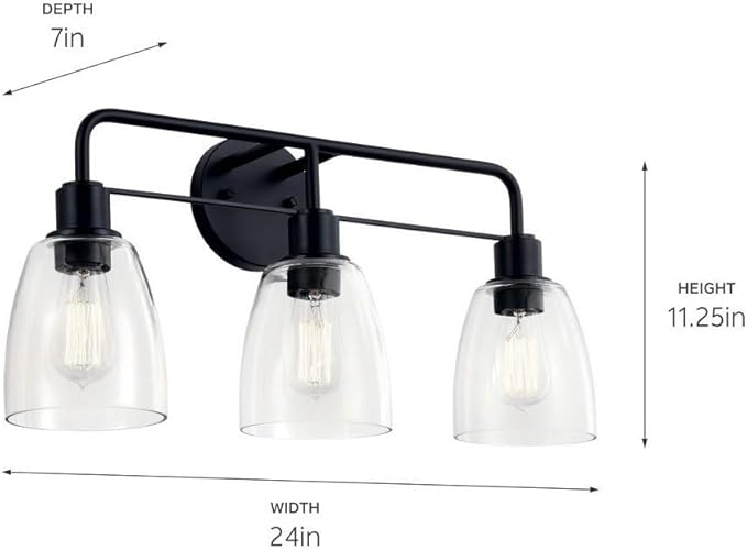 Kichler Meller 24 Inch 3 Light Vanity Light with Clear Glass in Black