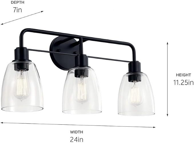Kichler Meller 3-Light Industrial Vanity Light, Brushed Nickel | Modern vanity light with clear glass for bathroom mirrors (24.25" x 11.25" x 7"), 55102NI