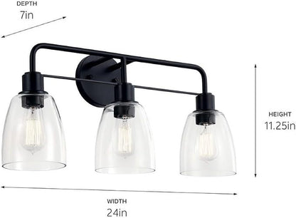 Kichler Meller 3-Light Industrial Vanity Light, Brushed Nickel | Modern vanity light with clear glass for bathroom mirrors (24.25" x 11.25" x 7"), 55102NI