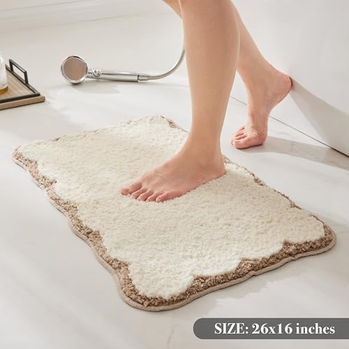 Ohocut Luxury Microfiber Bathroom Rugs, Beige Sand Scalloped Bath Rug Boho Farmhouse Cute Aesthetic Preppy Bath Mat for Bathroom, Tub, Floor Carpet, Sink, Shower, Anti Slip, Absorbent, 26x16