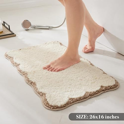 Ohocut Luxury Microfiber Bathroom Rugs, Beige Sand Scalloped Bath Rug Boho Farmhouse Cute Aesthetic Preppy Bath Mat for Bathroom, Tub, Floor Carpet, Sink, Shower, Anti Slip, Absorbent, 26x16